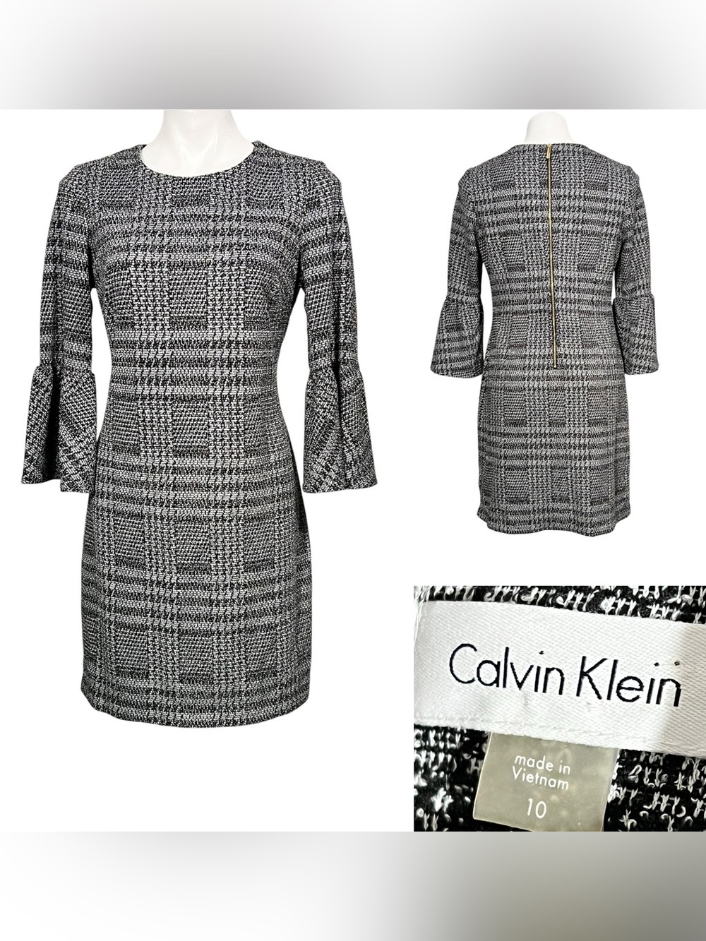Calvin Klein Dress sz 10‎ Black/White Plaid bell sleeve Sheath office church
